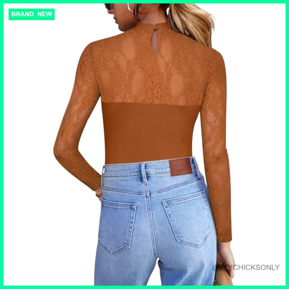 Long Sleeve Lace Mesh Blouse Sheer Tops Women's Fitted Crew Neck - Picture 5 of 7